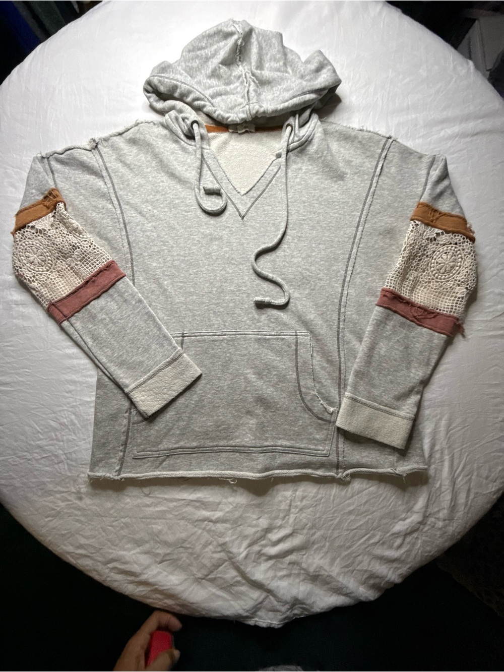 Maurices Light Gray Hoodie with Crochet & Rust Accents